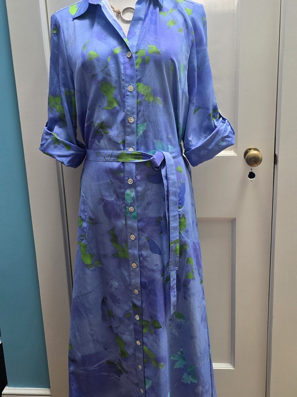 Finley Long Alex Shirt Dress In Blue "Enchanted Forest" Print.